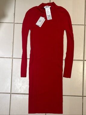Red Ribbed Long Sleeve Hooded Midi Dress